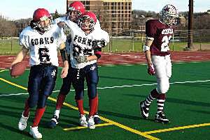 Jason Chier, front, and Nick Swatko, back, celebrate quarterback Tim Batty's 19-yard touchdown run in the fourth quarter of Sunday's 19-9 victory over Eden High. 