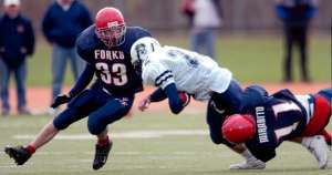 Forks' Rick Mirabito and Joe Nicholson put a stop to the progress of Homer's Dustin Morris in the second quarter of Saturday's Class B state quarterfinal at Ty Cobb Stadiumin Endicott. - DIOGENES AGCAOILI JR. / Press & Sun-Bulletin